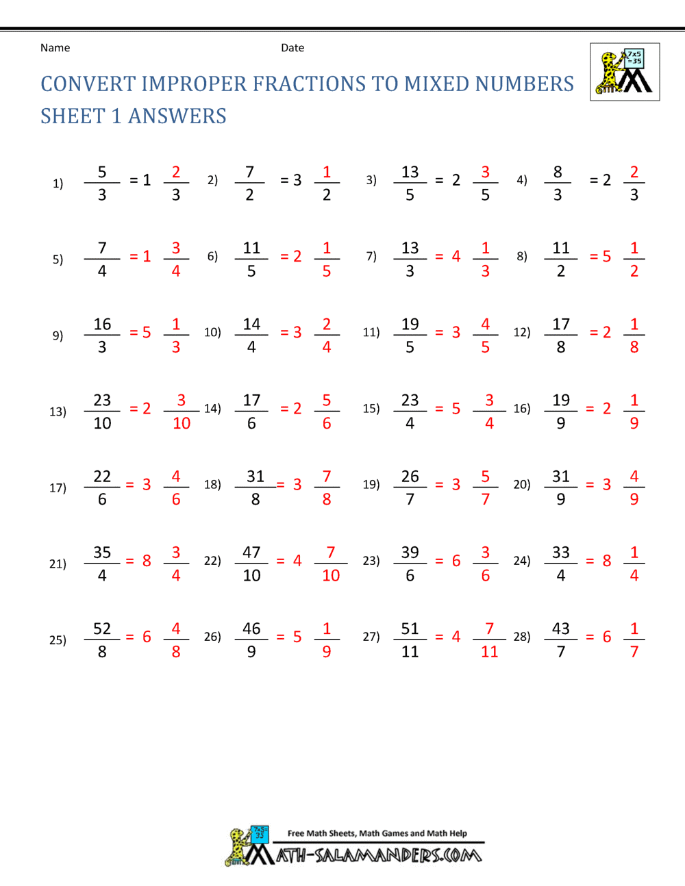 Improper Fraction Worksheets Improper Fraction Worksheets