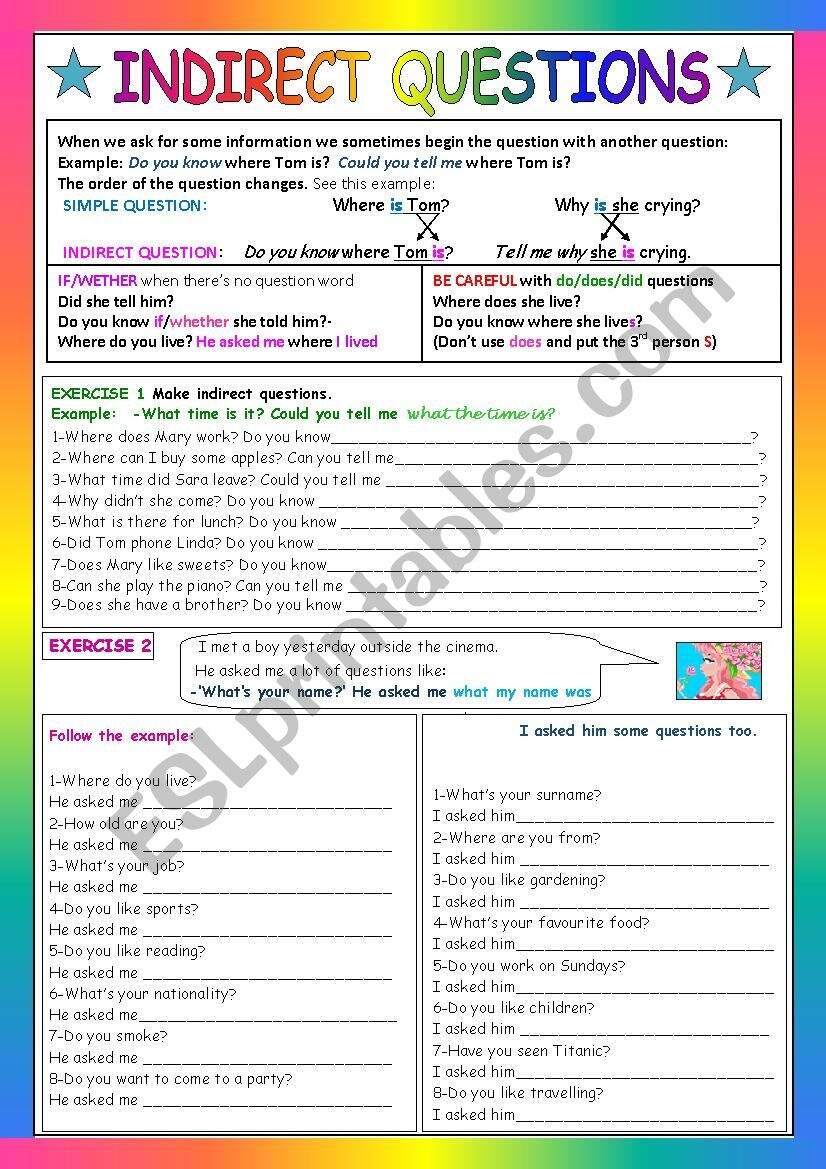 INDIRECT QUESTIONS ESL Worksheet By Traute