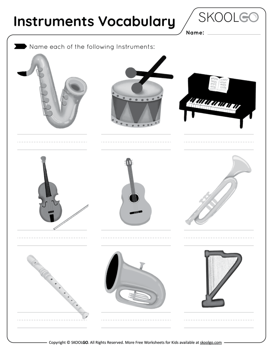 Instruments Vocabulary Free Worksheet For Kids SKOOLGO Name The Instruments Worksheet Schools Music Market