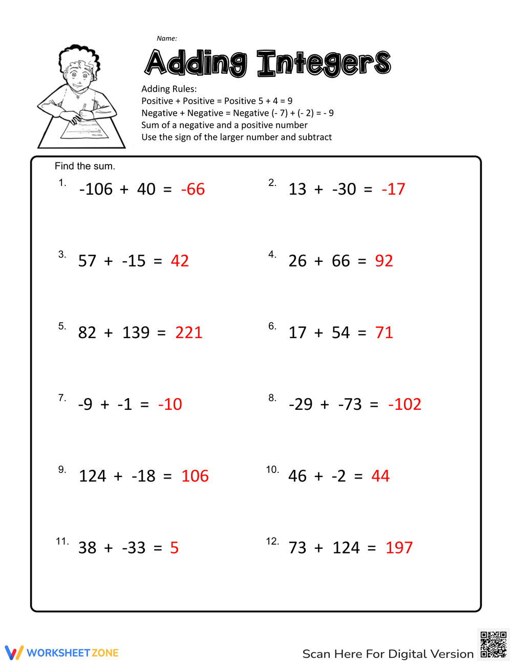 Integers Worksheets Printable
