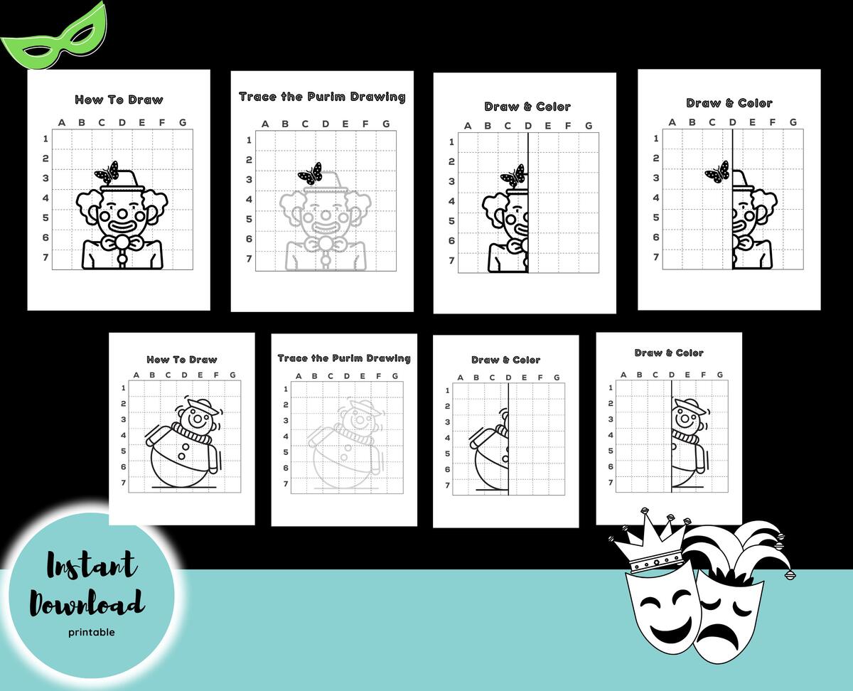 Jewish Holiday Activity Pages Purim Kids Printable Worksheets Purim How To Draw Tracer Pages Draw And Color ENGLISH Digital Download Etsy