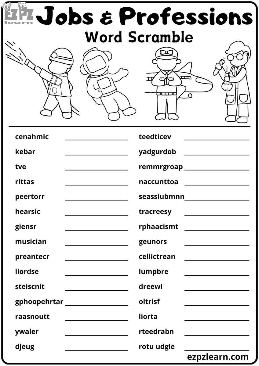 Jobs And Professions Word Scramble 30 Word Activity Free Printable PDF Ezpzlearn G1 Jobs Cut And Paste Worksheet For K5 And ESL Students Free PDF Download Ezpzlearn