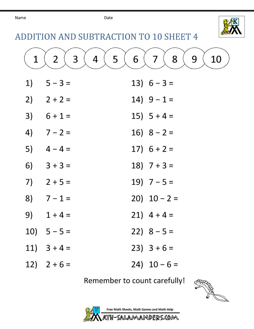 Free Printable Addition And Subtraction Elementary Math Worksheet