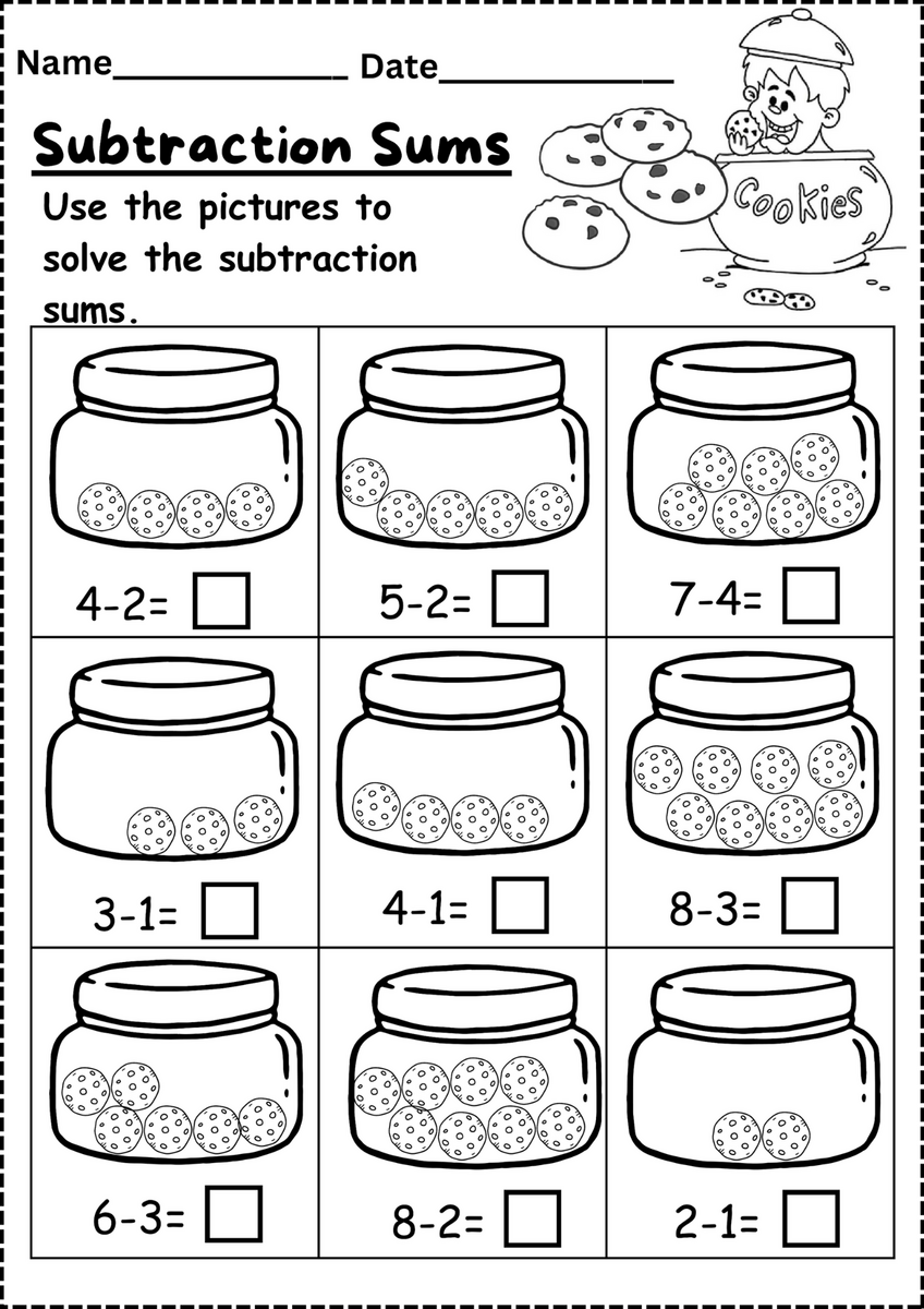 Kindergarten Cookie Subtraction Sums Worksheet Free