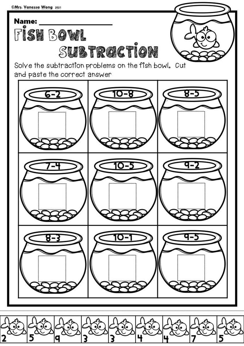 Kindergarten Math Worksheets Cut And Paste Subtraction Distance Learning Etsy Norway