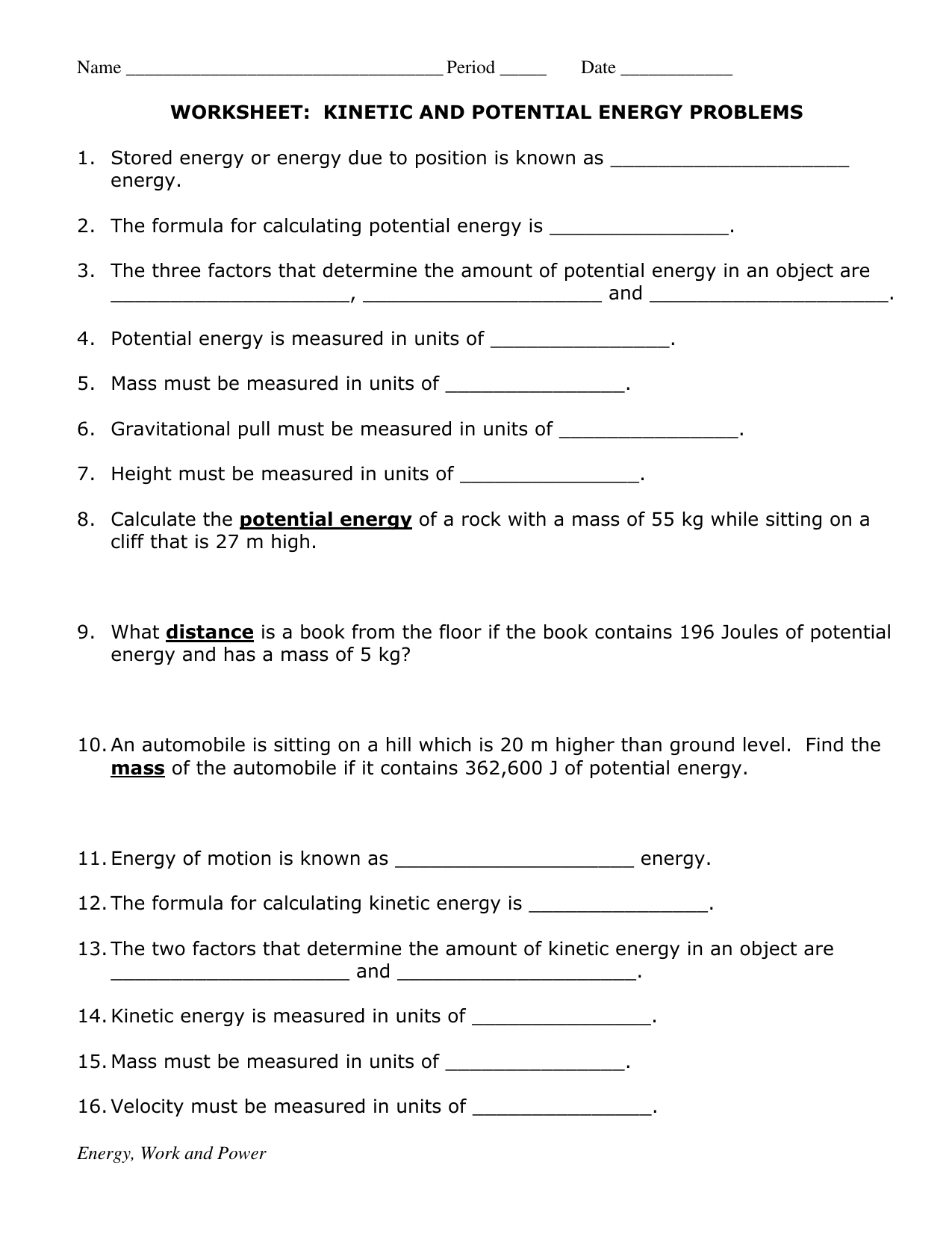 Kinetic And Potential Energy Problems Worksheet