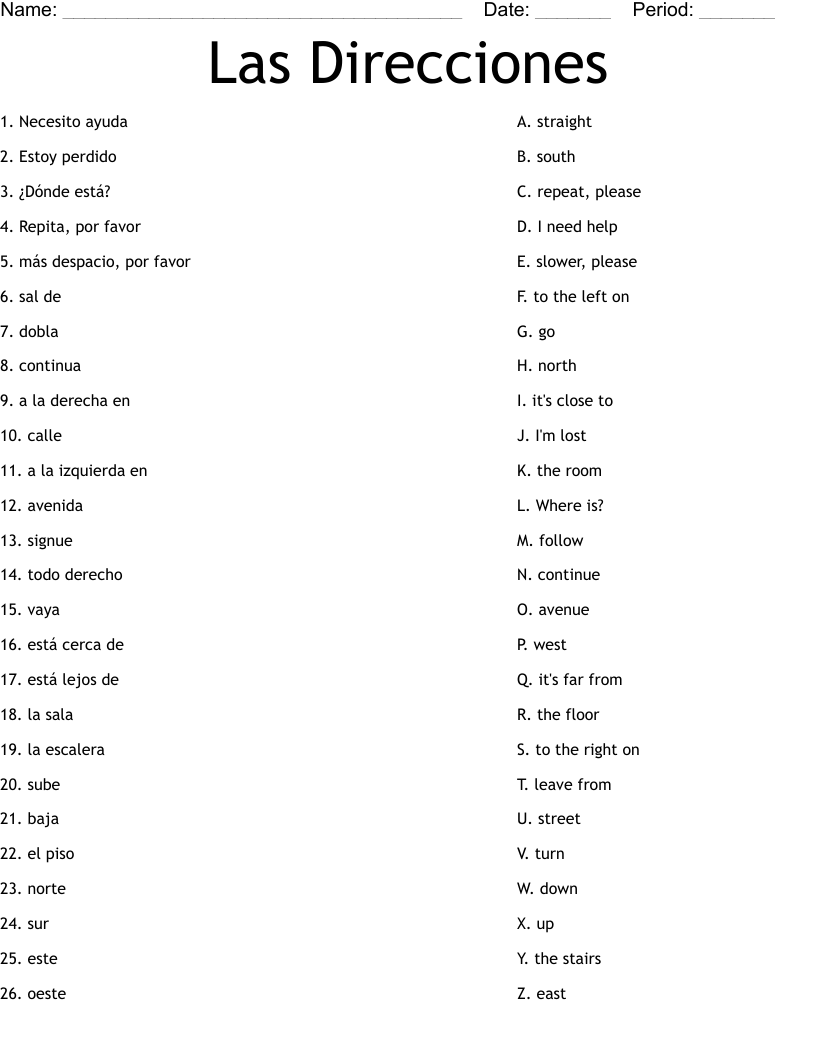 Las Direcciones Worksheet WordMint Las Direcciones Worksheet WordMint