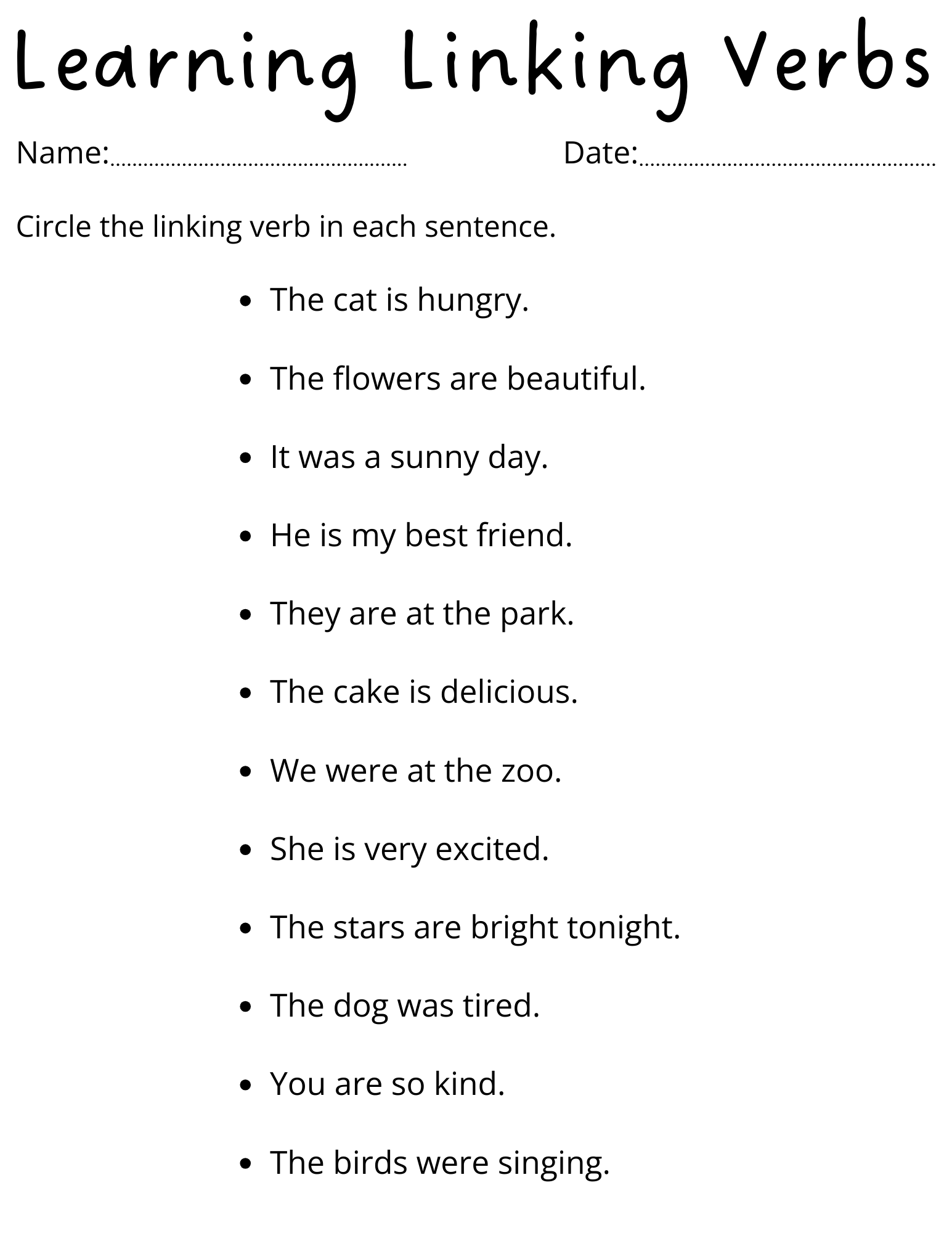 Linking Verbs Sentences Worksheets With Answer Key Made By Teachers