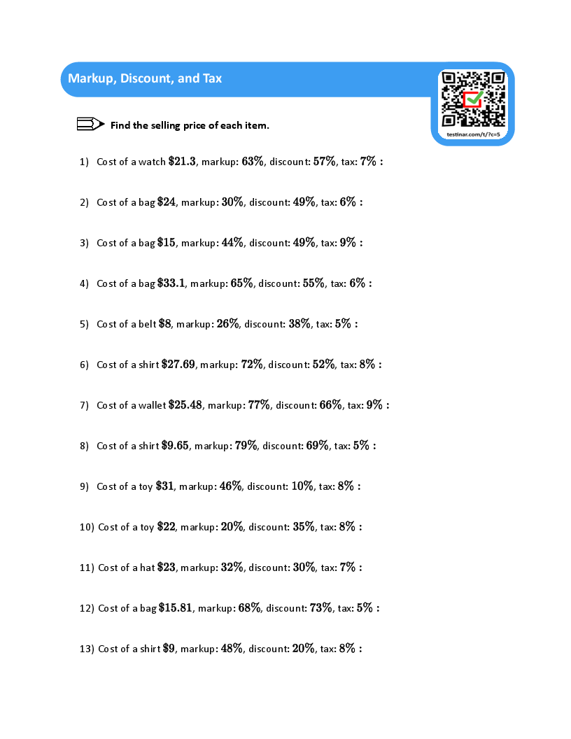 Quiz Worksheet Calculating Markup Markdown Study