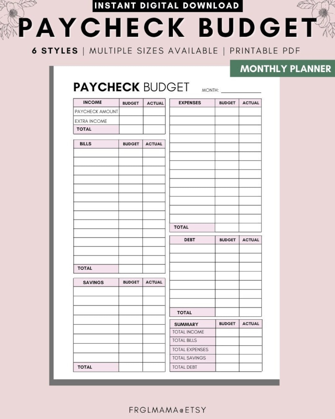 Monthly Budget Overview Template Paycheck Budget Printable A4 A5 Letter PDF Etsy