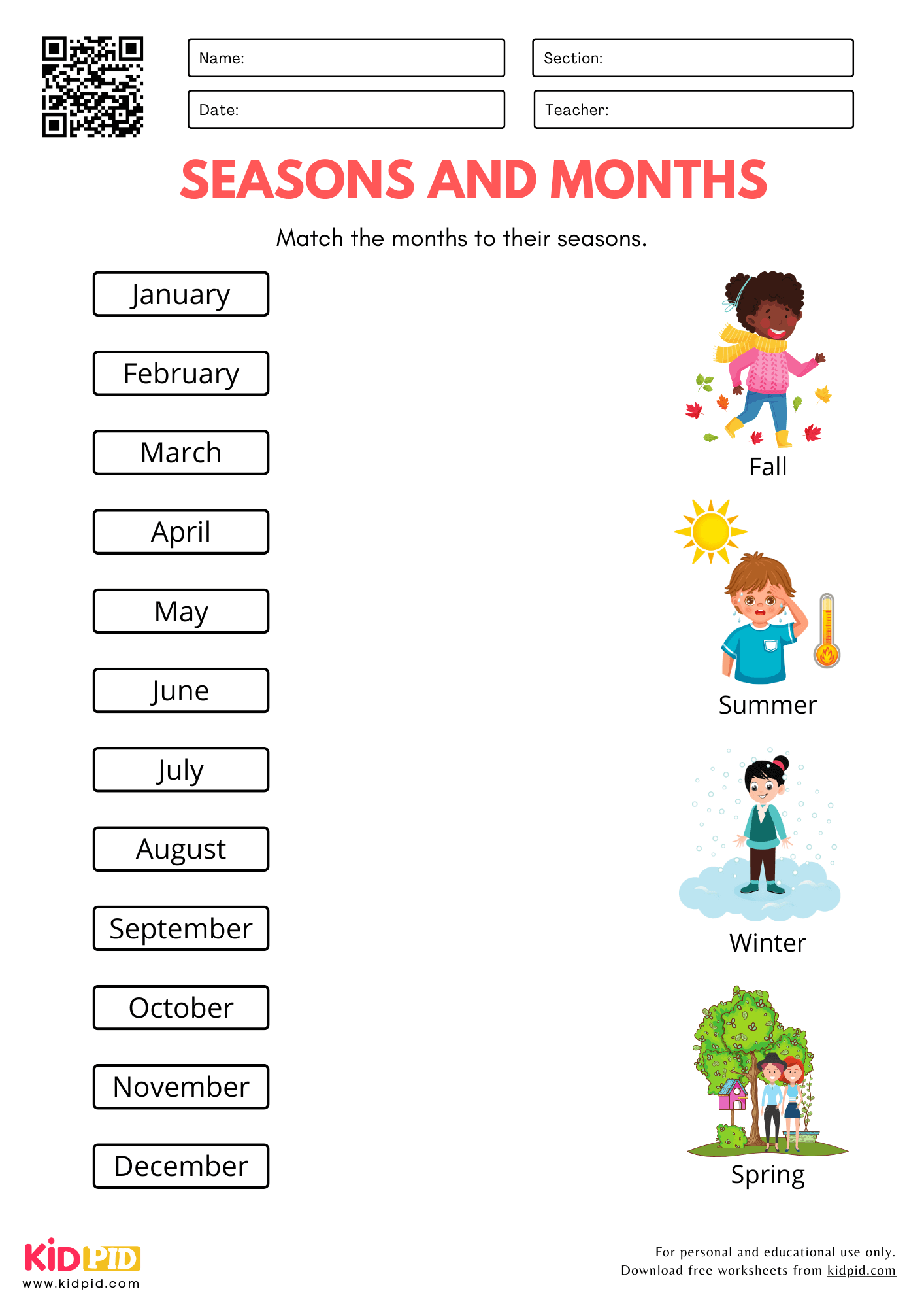 Months Seasons Matching Worksheet For Kindergarten Kidpid Months Seasons Matching Worksheet For Kindergarten Kidpid
