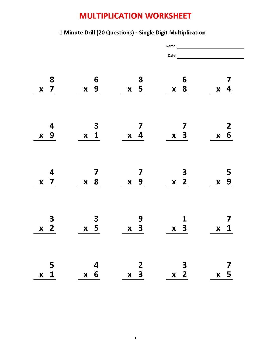 Multiplication 1 Minute Drill 10 Math Worksheets With Answers PDF Etsy Multiplication 1 Minute Drill 10 Math Worksheets With Answers PDF Etsy