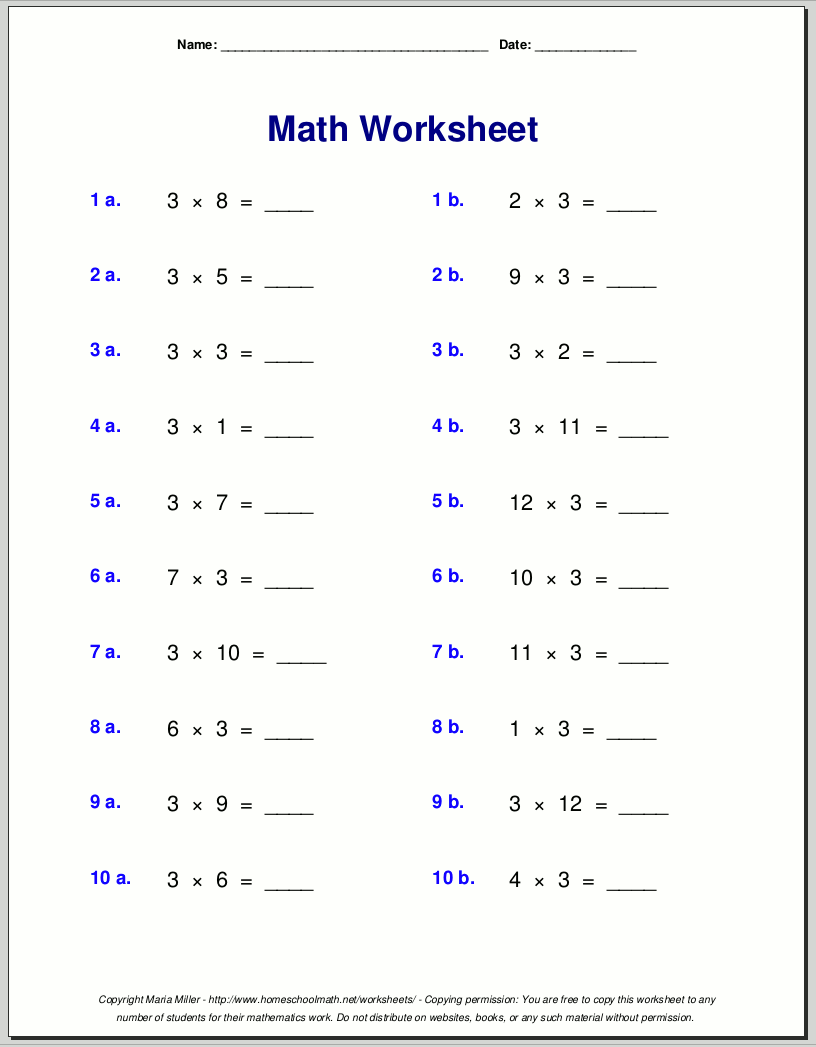 Multiplication Drill Sheets 3rd Grade