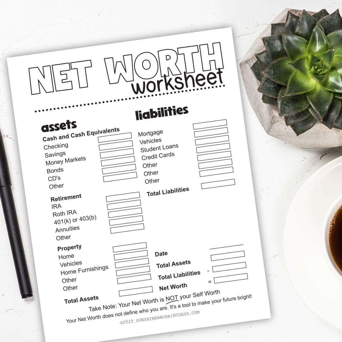 Net Worth Worksheet Sunshine And Rainy Days