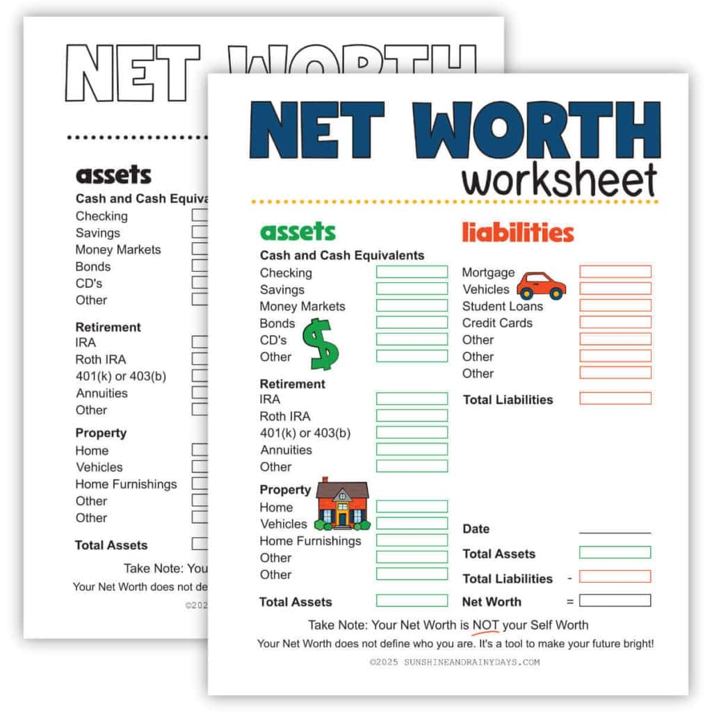 Net Worth Worksheet Sunshine And Rainy Days