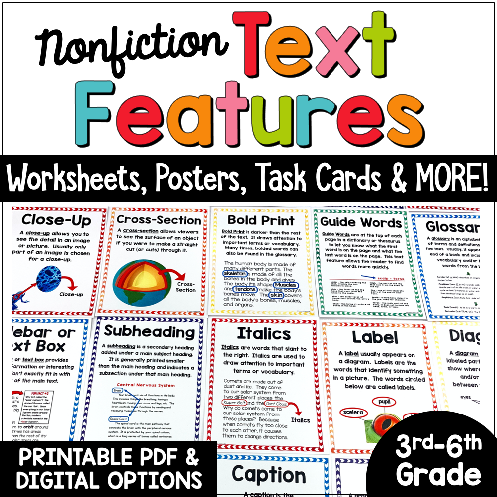 Nonfiction Text Features Activities Posters Task Cards MORE