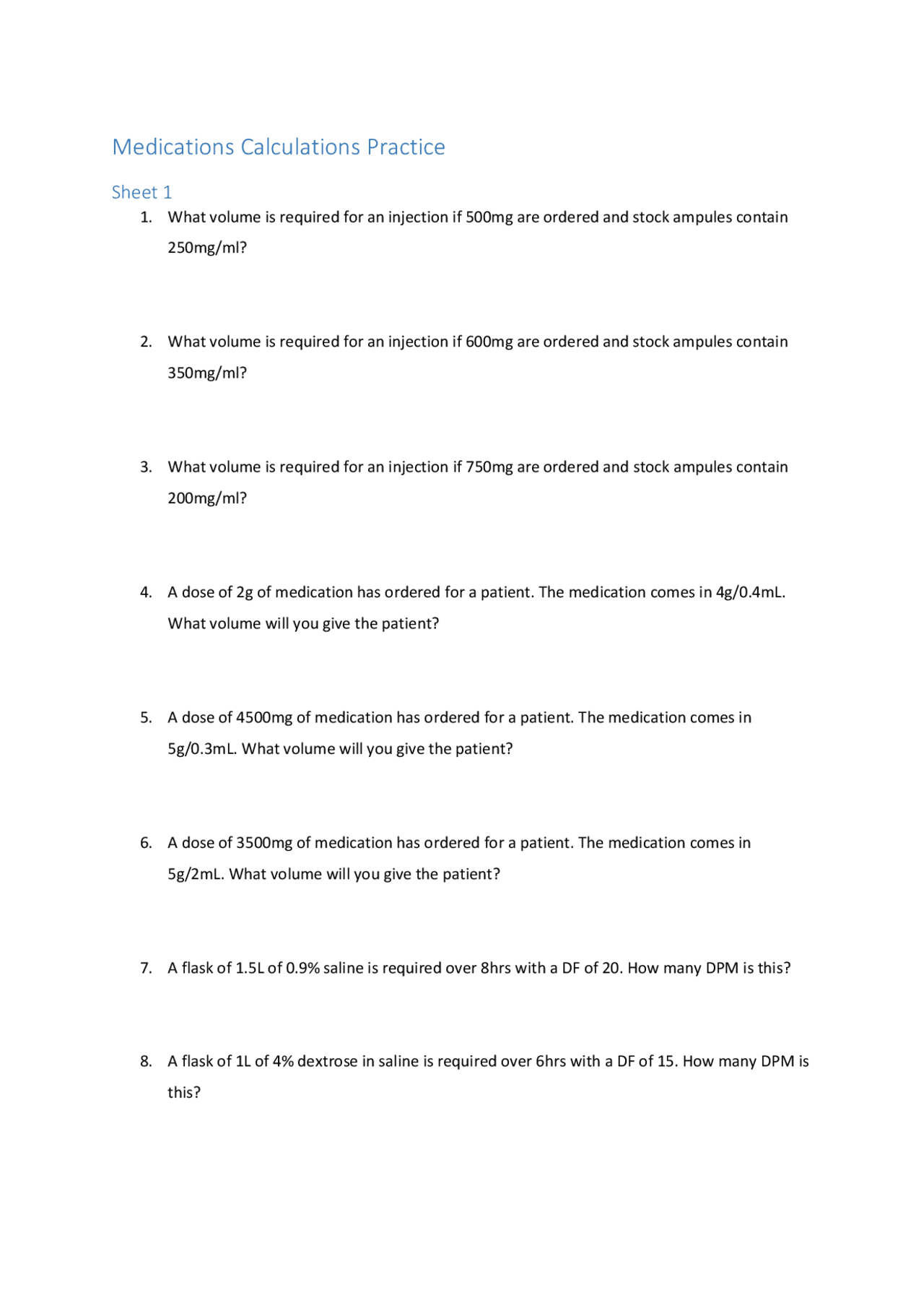 NSGMISC Dosage Calculation Practice Questions 7 1 Dosage Worksheets Library NSGMISC Dosage Calculation Practice Questions 7 1 Dosage Worksheets Library