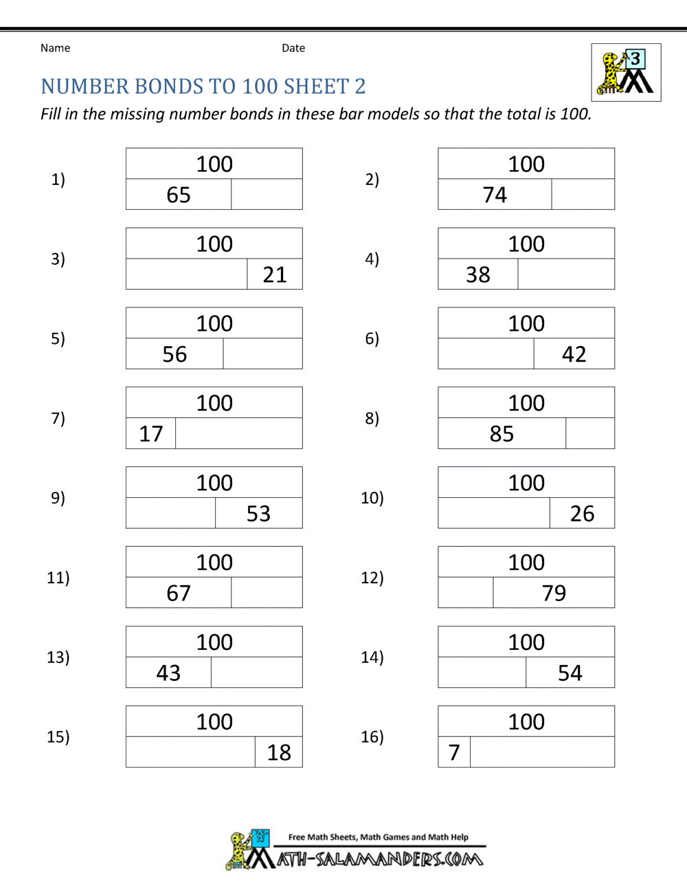 Number Bonds Worksheets To 100