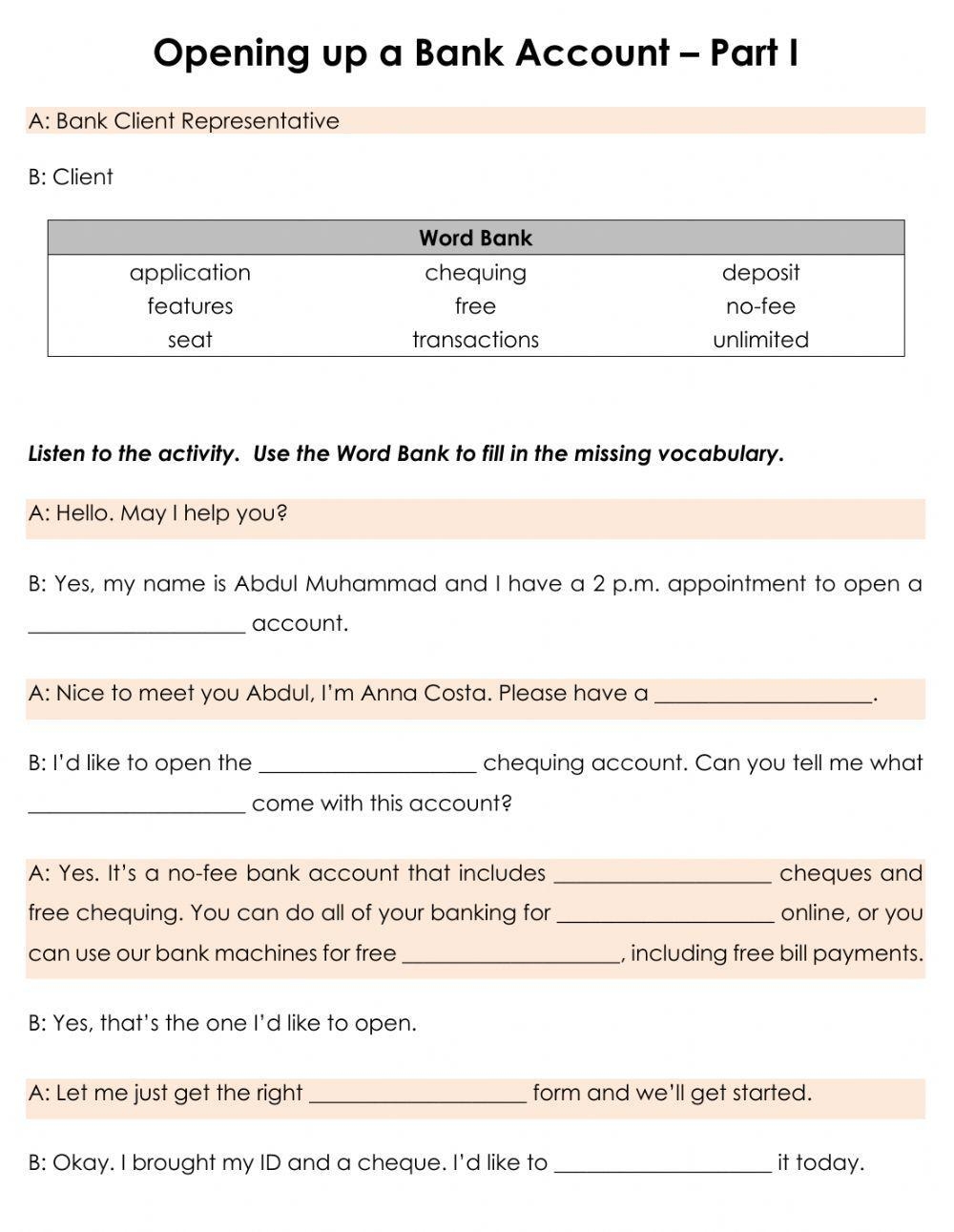 Opening Up A Bank Account Worksheet Worksheets Library