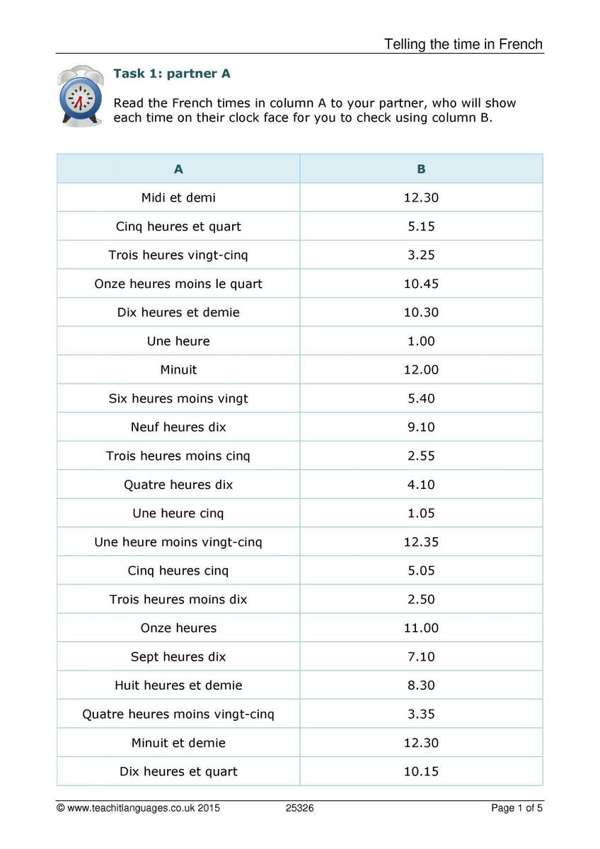 Pair Work Speaking Telling The Time KS3 French Teaching Resource Teachit Quelle Heure Est Il Time On The Hour 1 Worksheet Worksheets Library