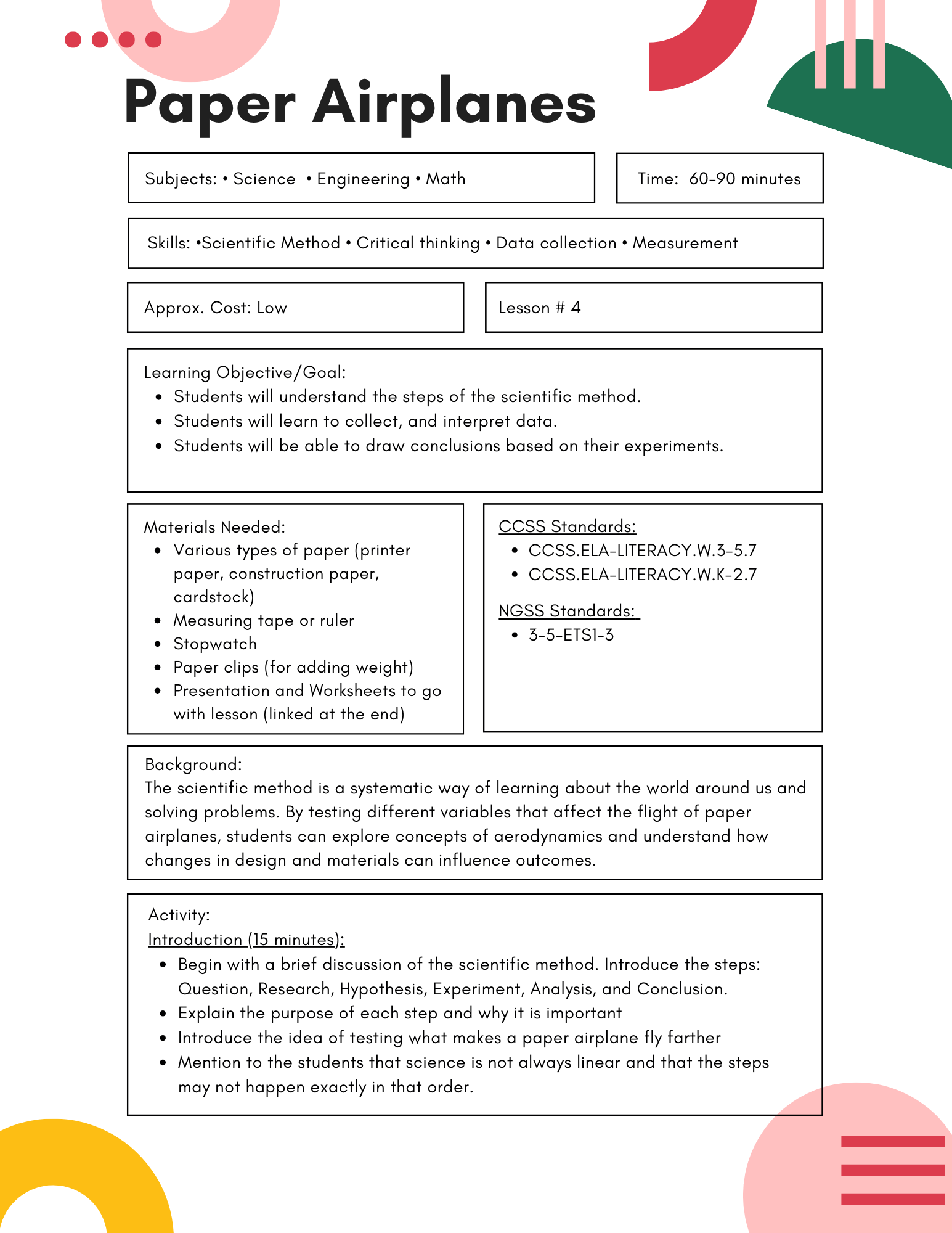 Paper Airplane Investigation Lesson Plan