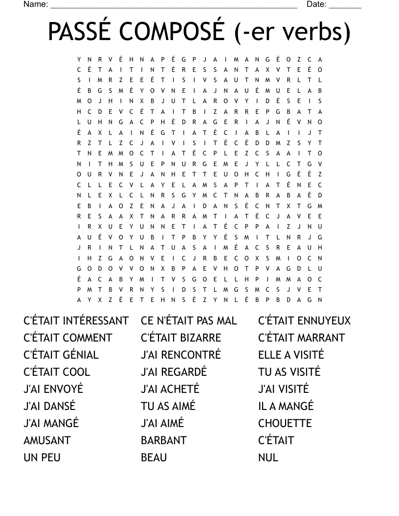 PASS COMPOS Er Verbs Word Search WordMint PASS COMPOS Er Verbs Word Search WordMint