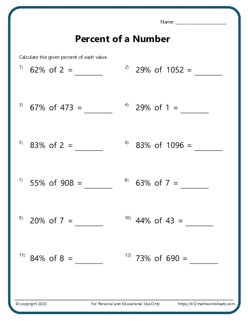 Finding Percentage Worksheets