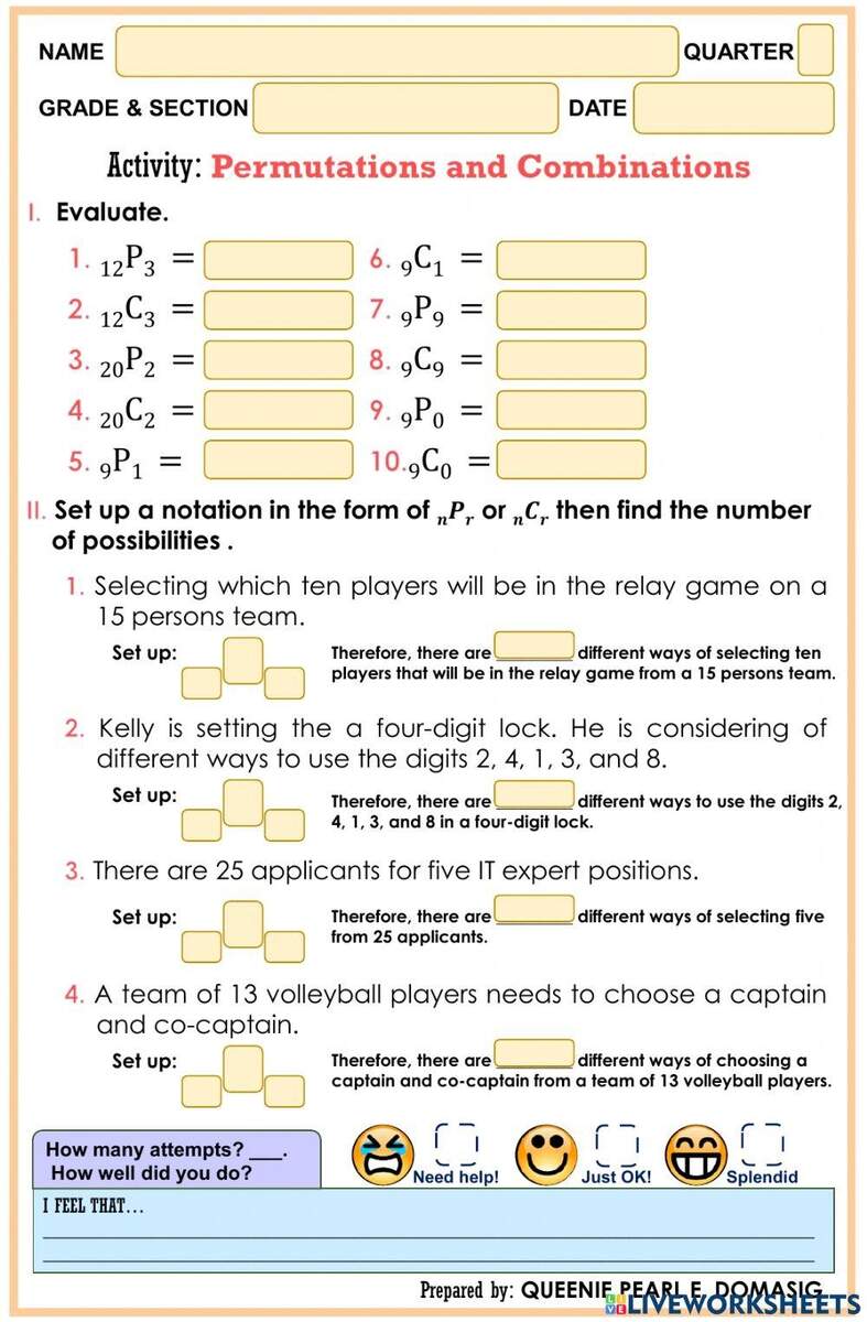 Permutations And Combinations Worksheet Worksheets Library