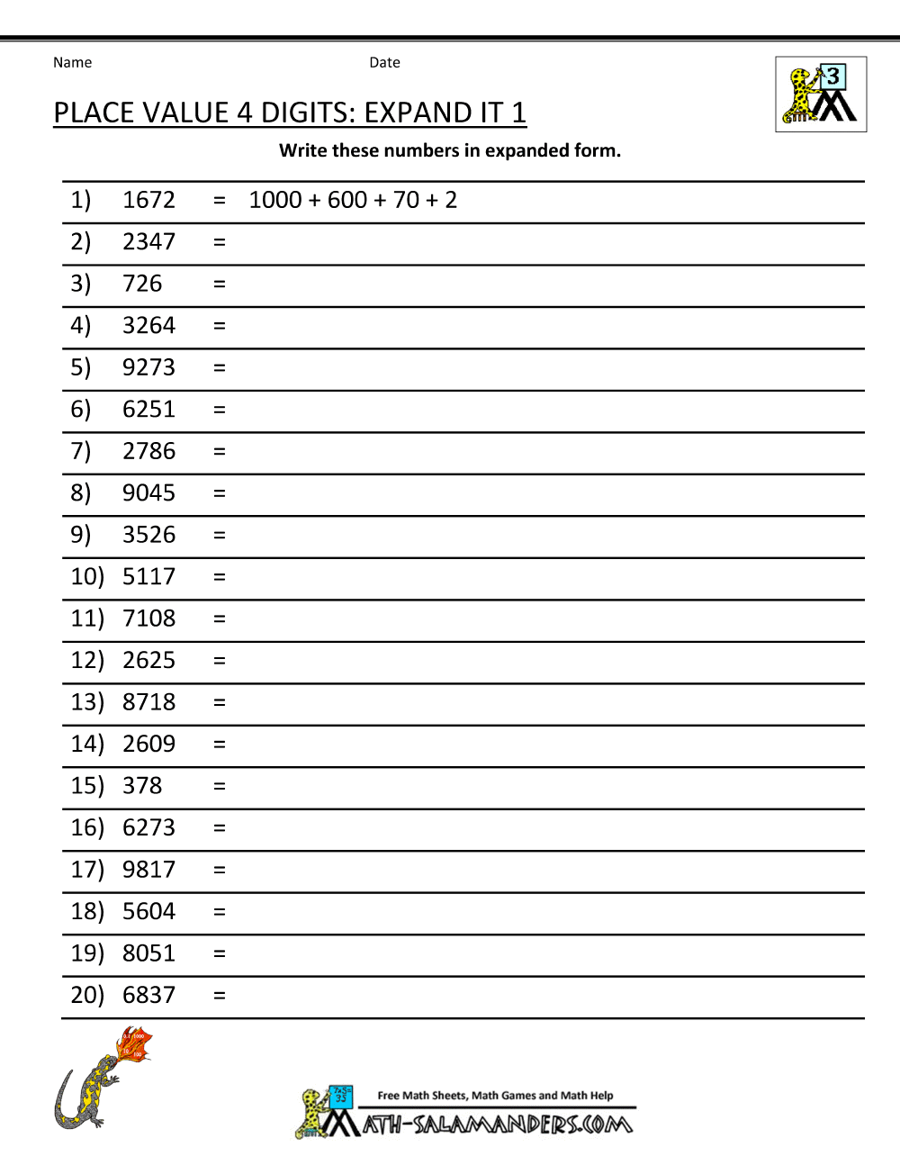 Place Value 4 Digit Numbers Place Value 4 Digit Numbers