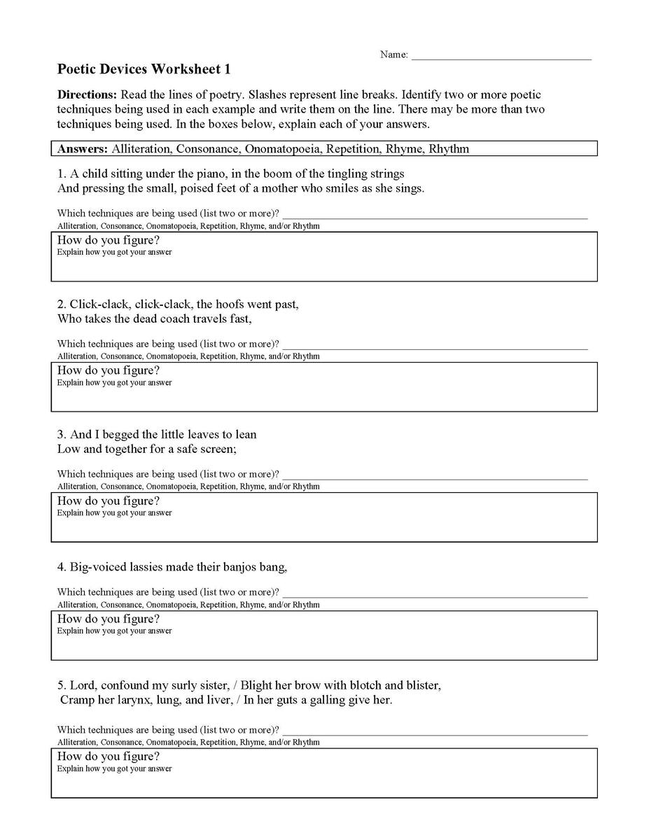 Poetic Devices Worksheets Activities Figurative Language