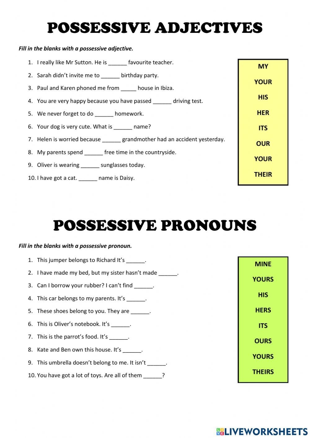 Possessive Adjectives And Pronouns Online Pdf Exercise Possessive Adjectives And Pronouns Online Pdf Exercise