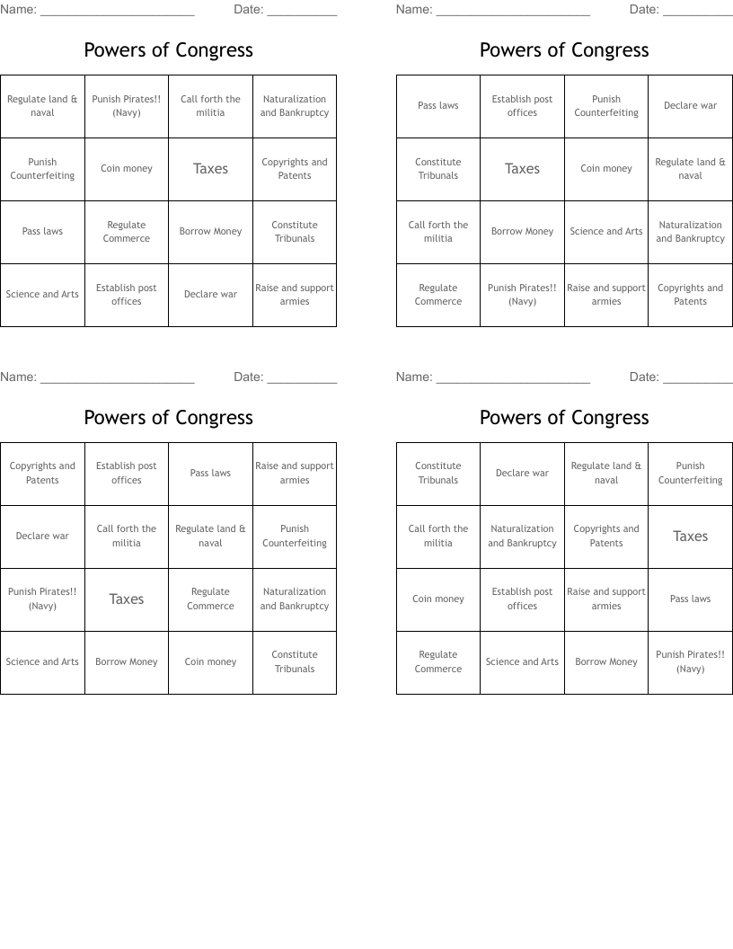 Powers Of Congress Bingo Cards WordMint Powers Of Congress Bingo Cards WordMint