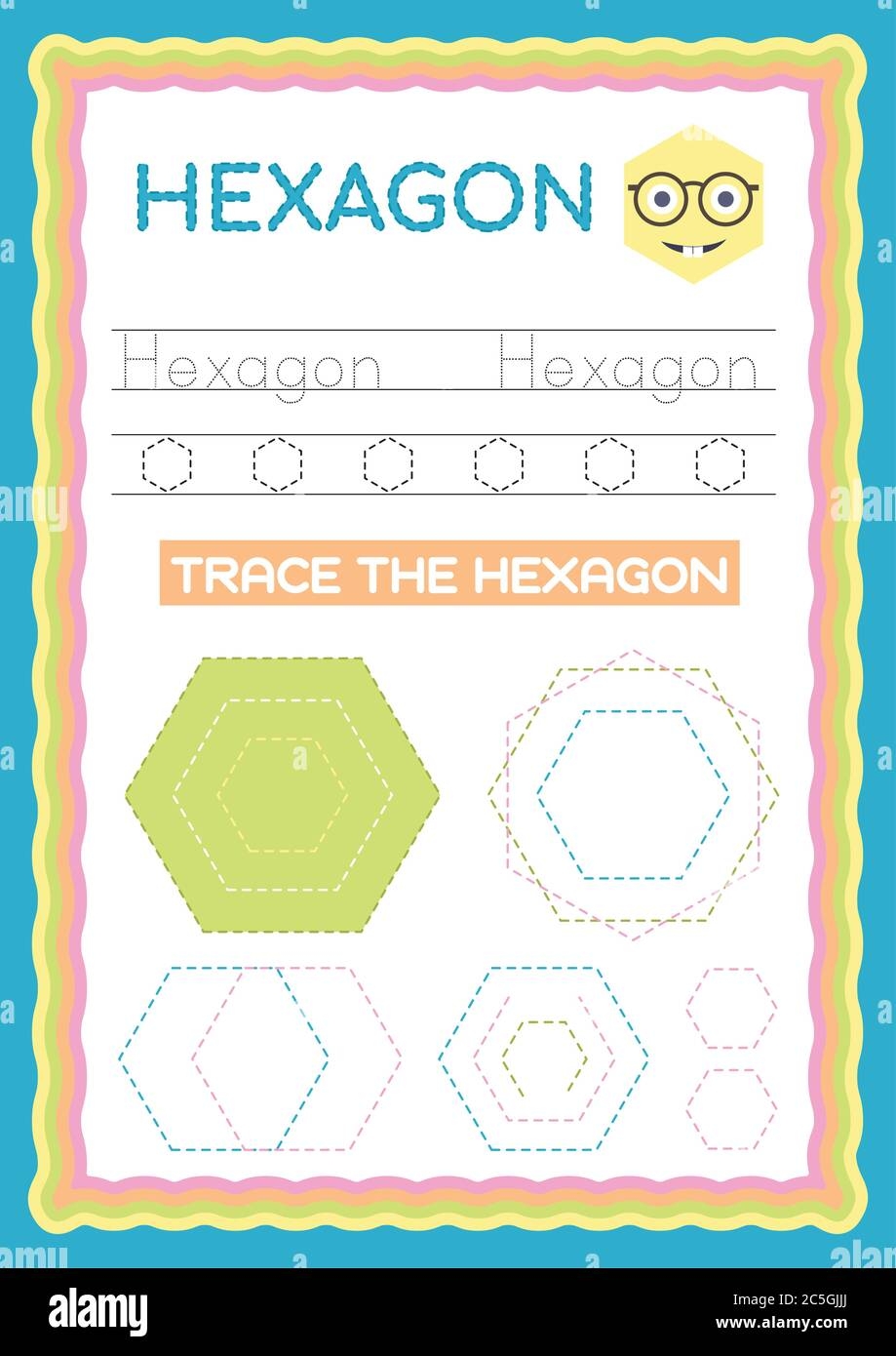 Preschool Colorful Hexagon Shape Tracing And Writing Daily Printable A4 Practice Worksheet Vector Illustration Exercise For Kids Stock Vector Image Art Alamy Color The Hexagons Coloring Page