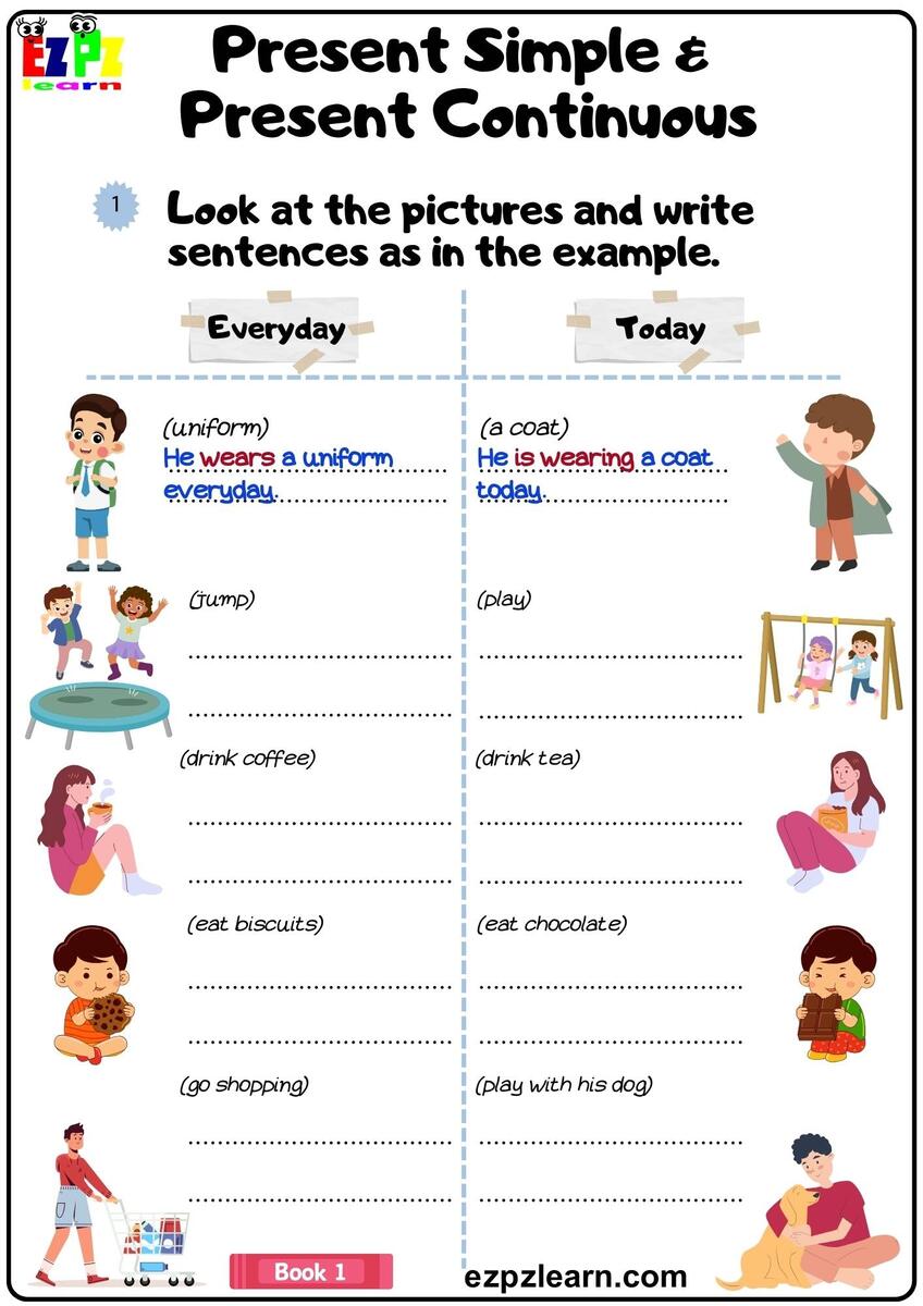 Present Simple And Present Continuous Grammar Worksheet Look At The Pictures And Write The Answers Pdf Book1 Ezpzlearn Present Simple Vs Present Continuous Consolidation Worksheet Photocopiables