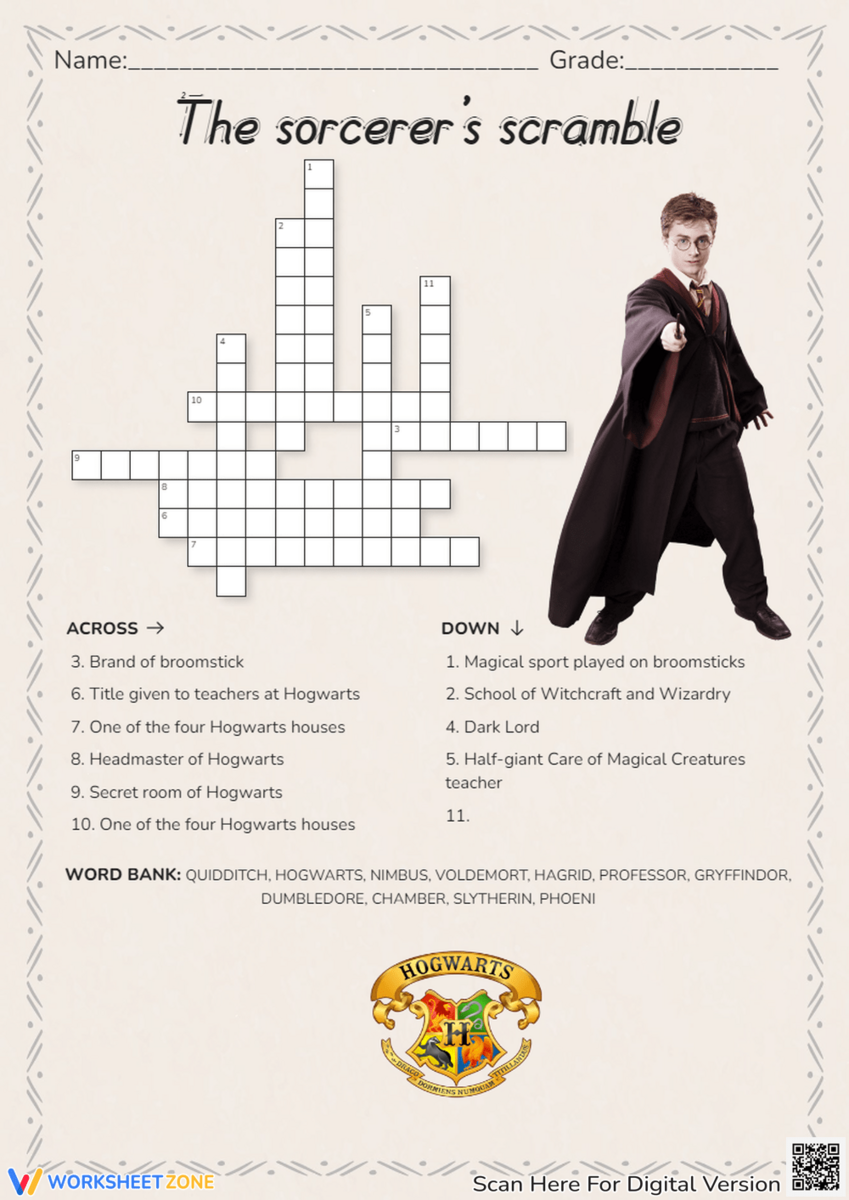Printable 2nd Grade Harry Potter Crossword Worksheets