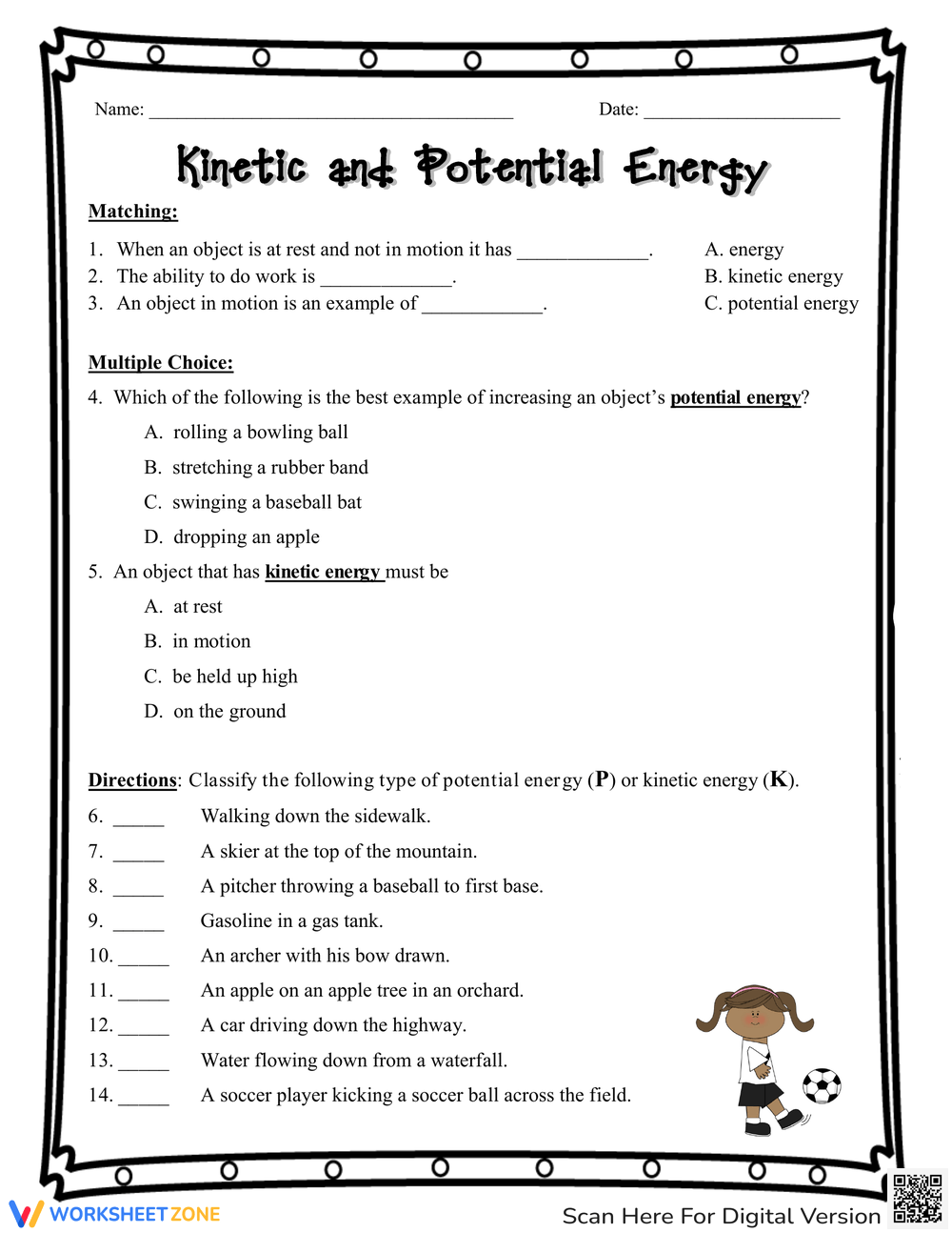 Printable 4th Grade Kinetic And Potential Energy Fill In The Blanks Worksheets