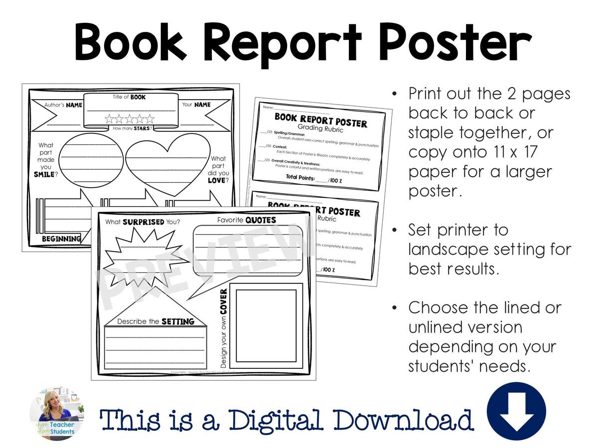 Printable Book Report Poster Template Works With Any Fiction Or Non Fiction Book PDF Download Etsy