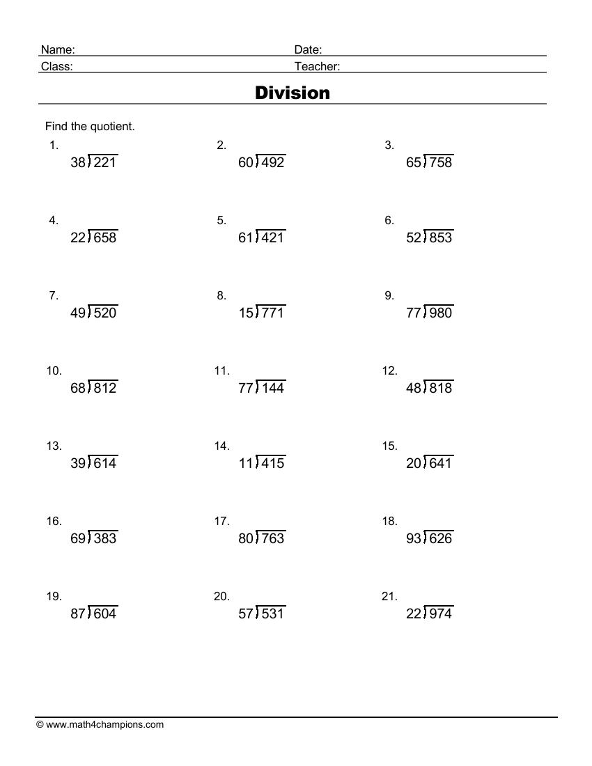 Printable Division Worksheets For Teachers Math Champions Long Division Worksheets Problems Printable Math Drills Free Printables Lettering SVG Files Tools Apps