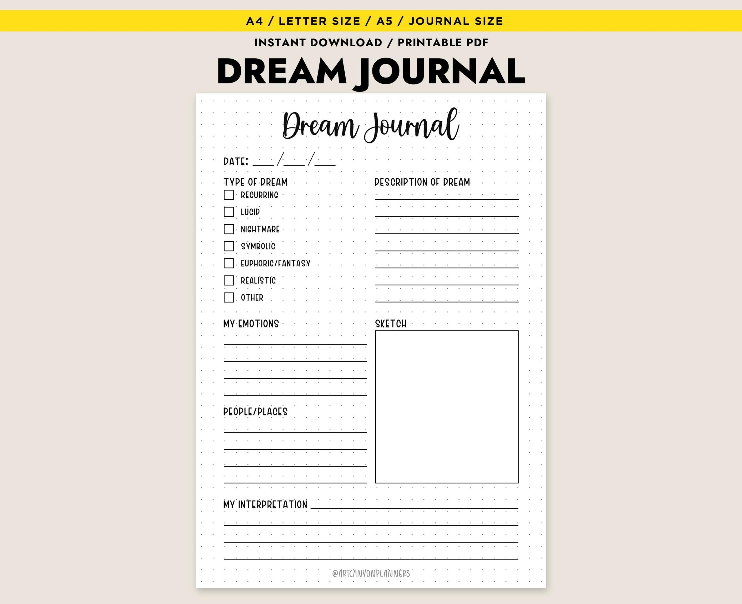 Dream Journal Digital Download Dream Journal Printable Pages Printable Dream Journal Worksheet Self Reflection Worksheet PDF Dream PDF Etsy