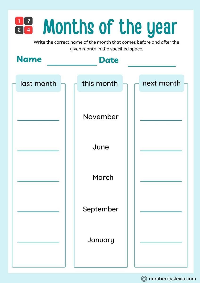 Printable Months Of The Year Worksheet PDF Included Number Dyslexia