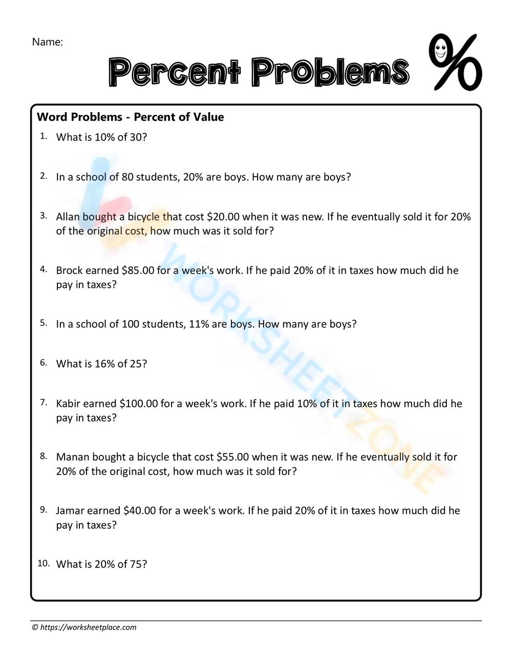 Printable Percents Worksheets