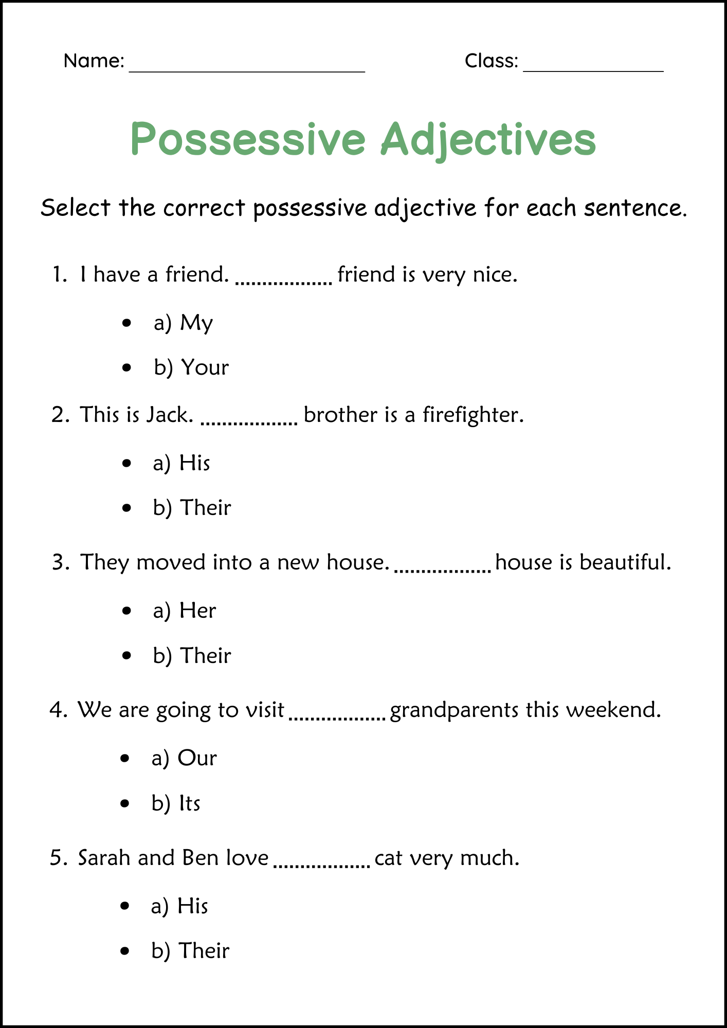 Printable Possessive Adjectives Grammar Worksheet For Grade 1 Made By Teachers Printable Possessive Adjectives Grammar Worksheet For Grade 1 Made By Teachers