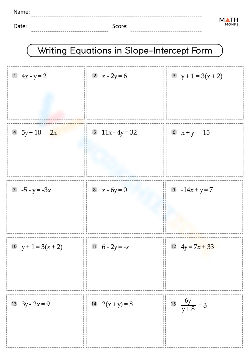 Printable Slope Intercept Form Y Mx B Worksheets