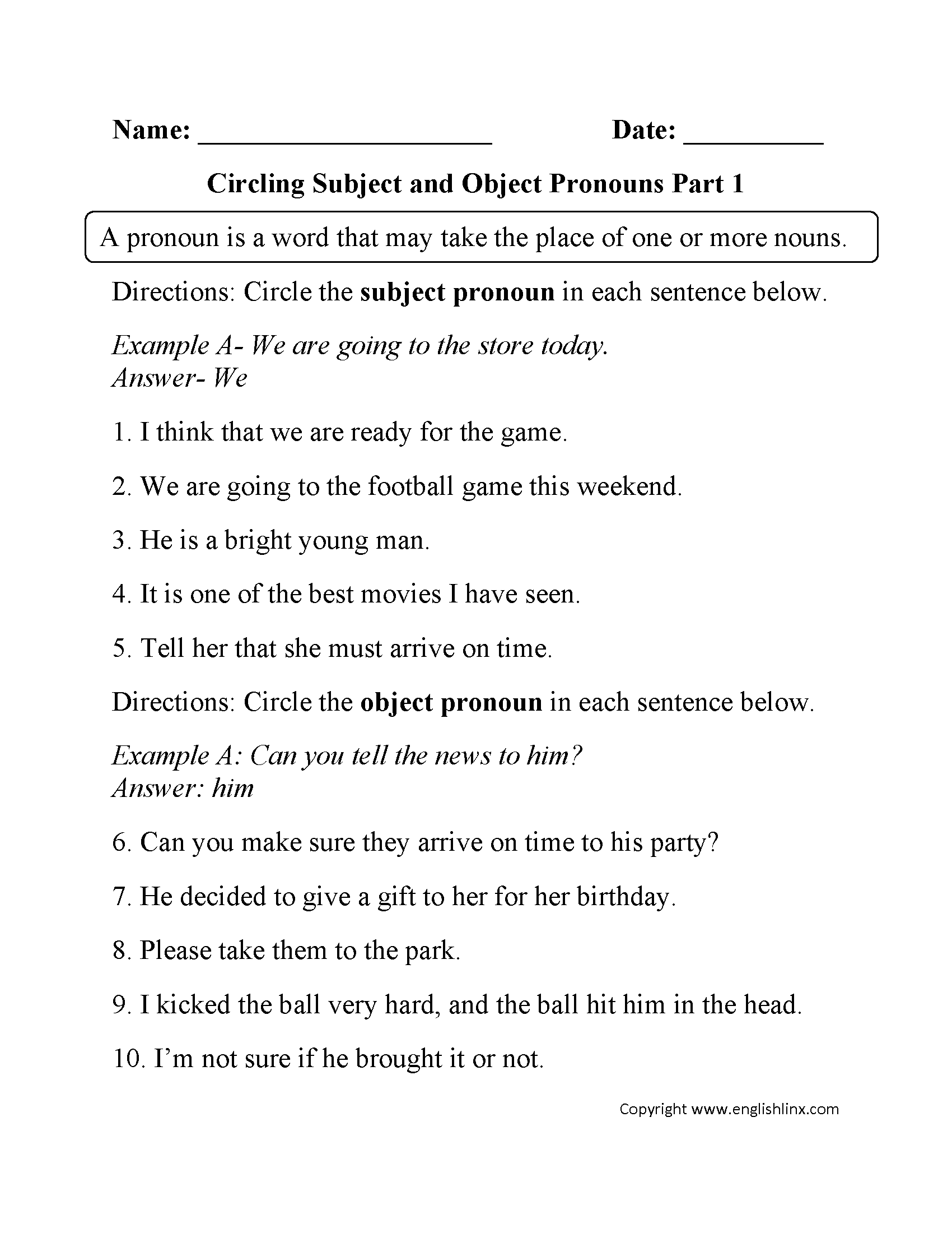 Subject And Object Pronouns Grade 5 Printables Pronoun Worksheets Library