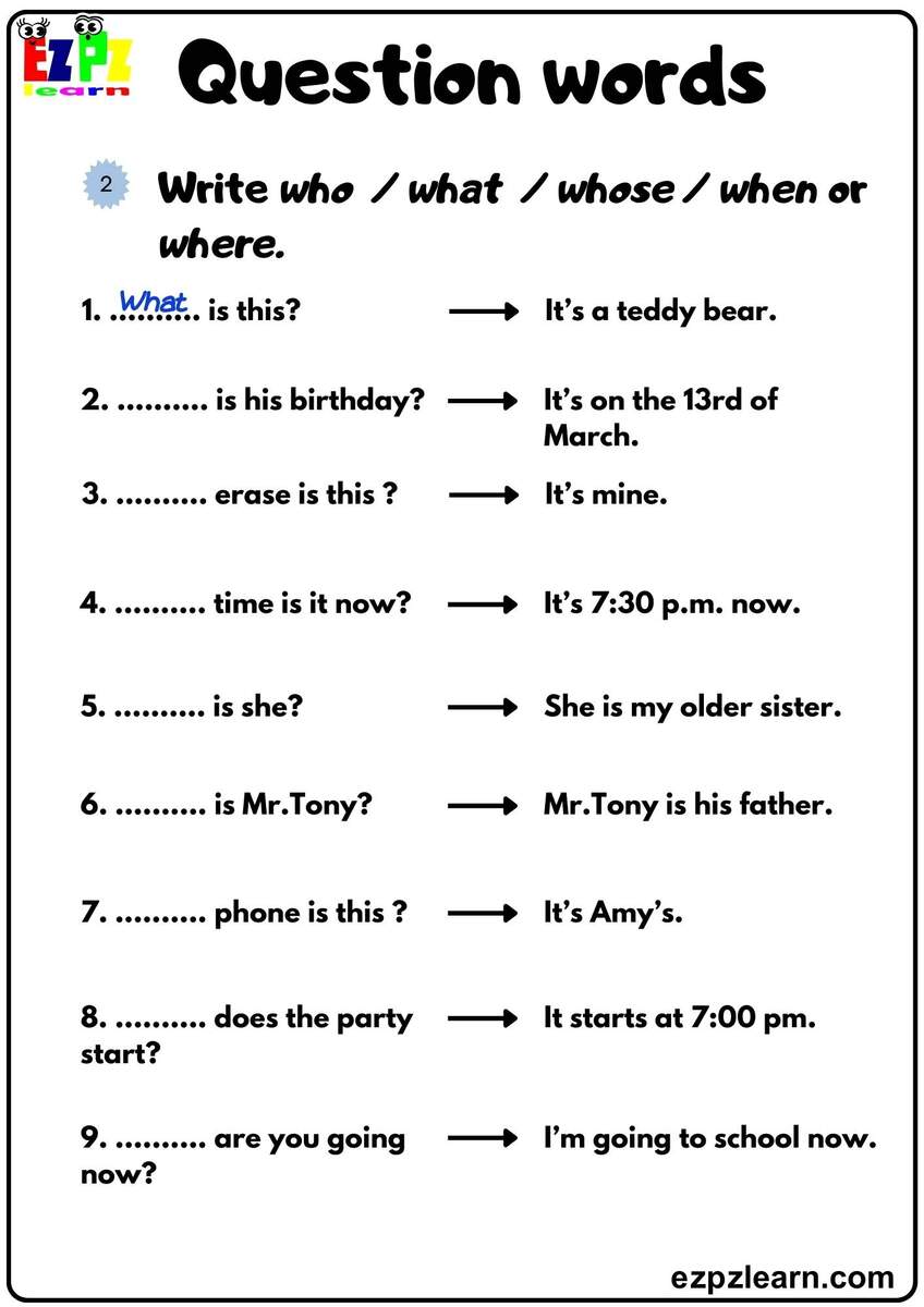 Question Words Write The Correct Question Word Grammar Exercise Bk1 Free Printable Pdf Ezpzlearn Question Words Write The Correct Question Word Grammar Exercise Bk1 Free Printable Pdf Ezpzlearn
