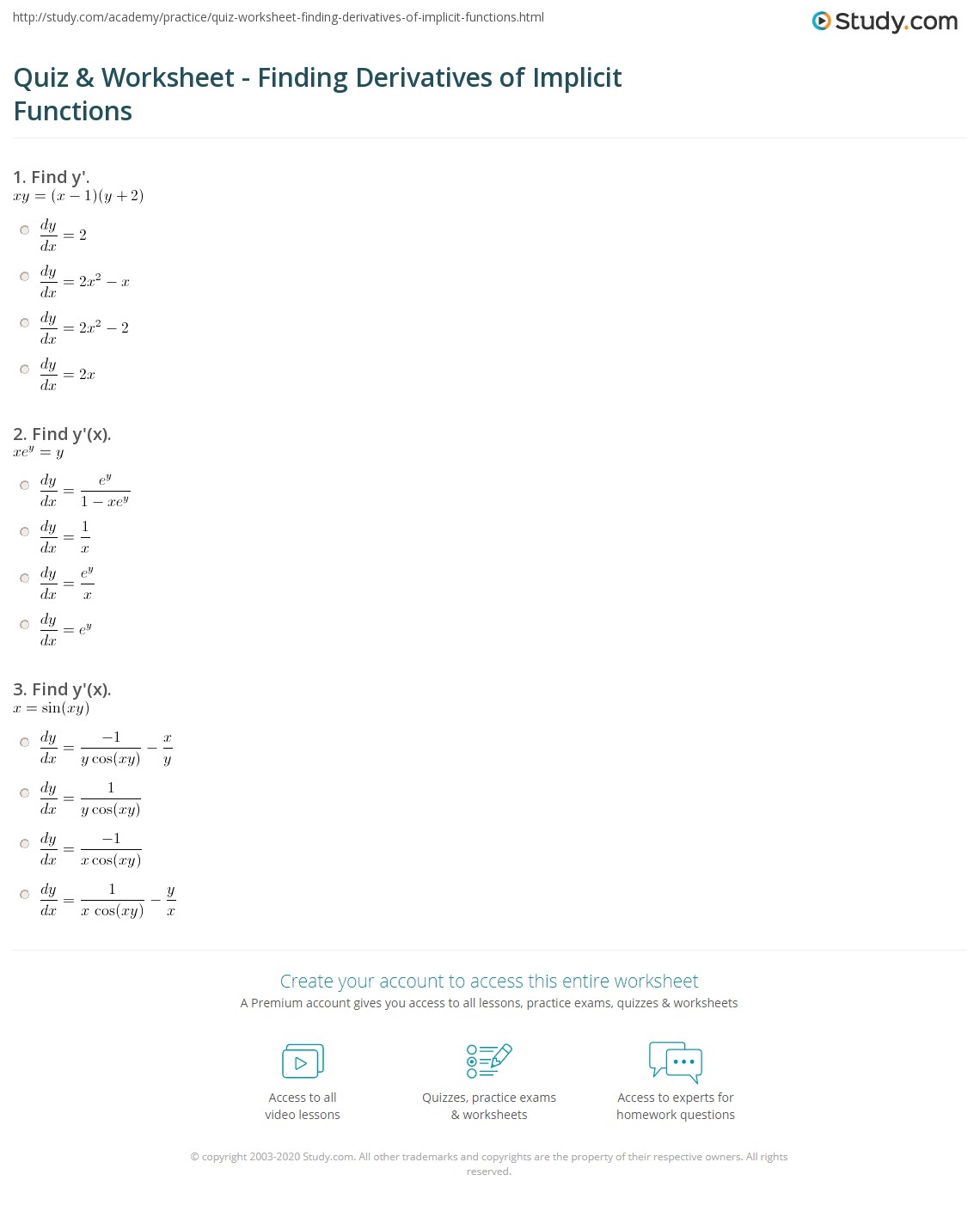 Quiz Worksheet Finding Derivatives Of Implicit Functions Study