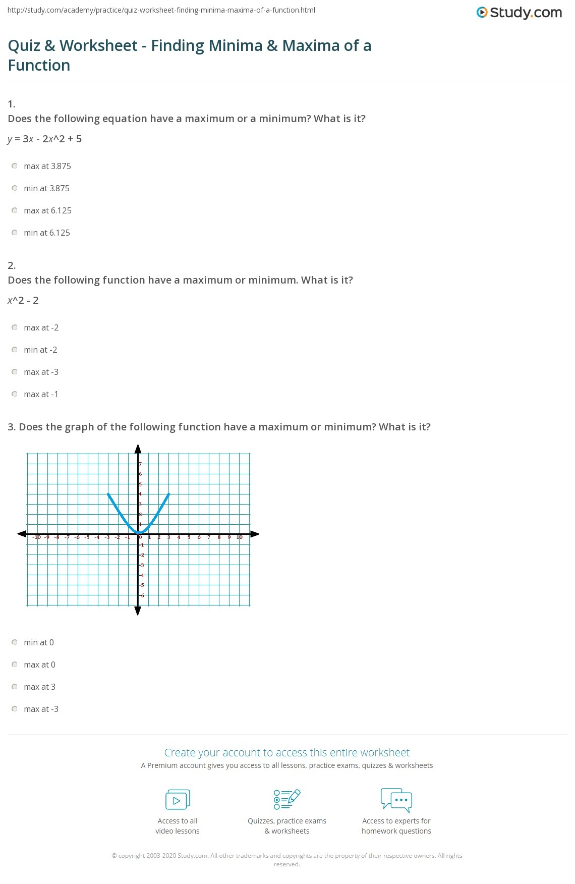 Quiz Worksheet Finding Minima Maxima Of A Function Study