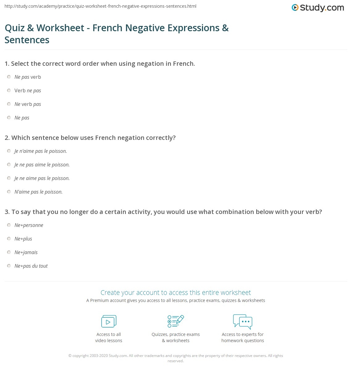 Quiz Worksheet French Negative Expressions Sentences Study