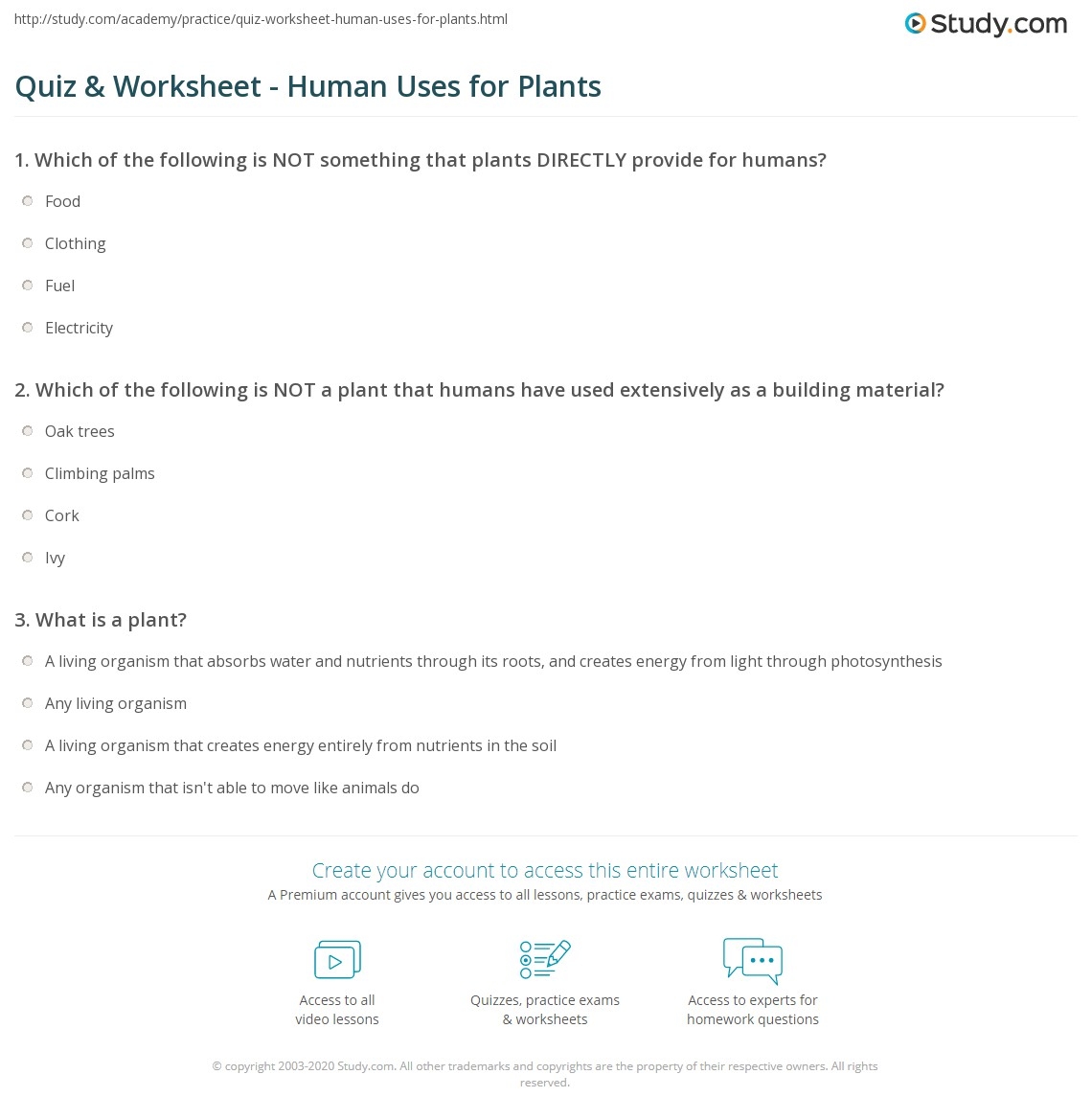 Quiz Worksheet Human Uses For Plants Study