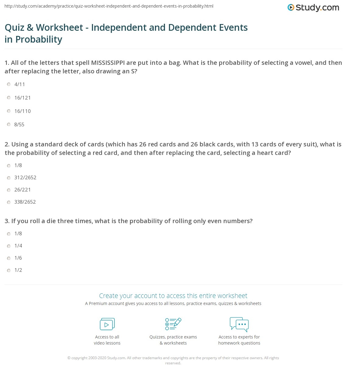 Quiz Worksheet Independent And Dependent Events In Probability Study